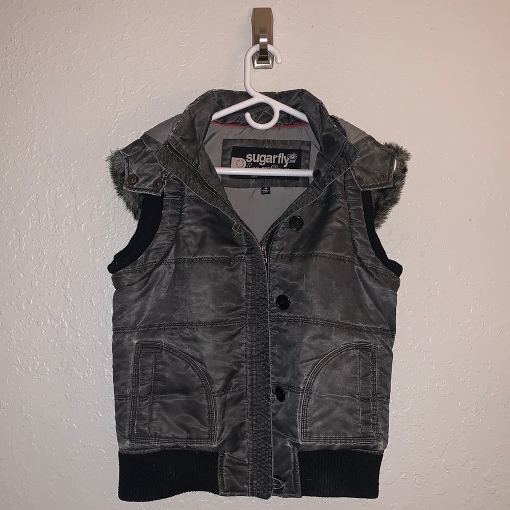 Sugarfly Distressed Black Fur Hood Vest